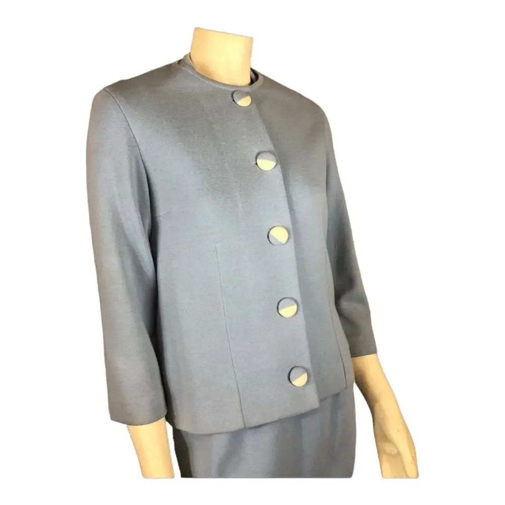 Vintage Gino Paoli 1960s Italian Wool 3-Piece Skirt Suit Set Blue Stripe Top S-M